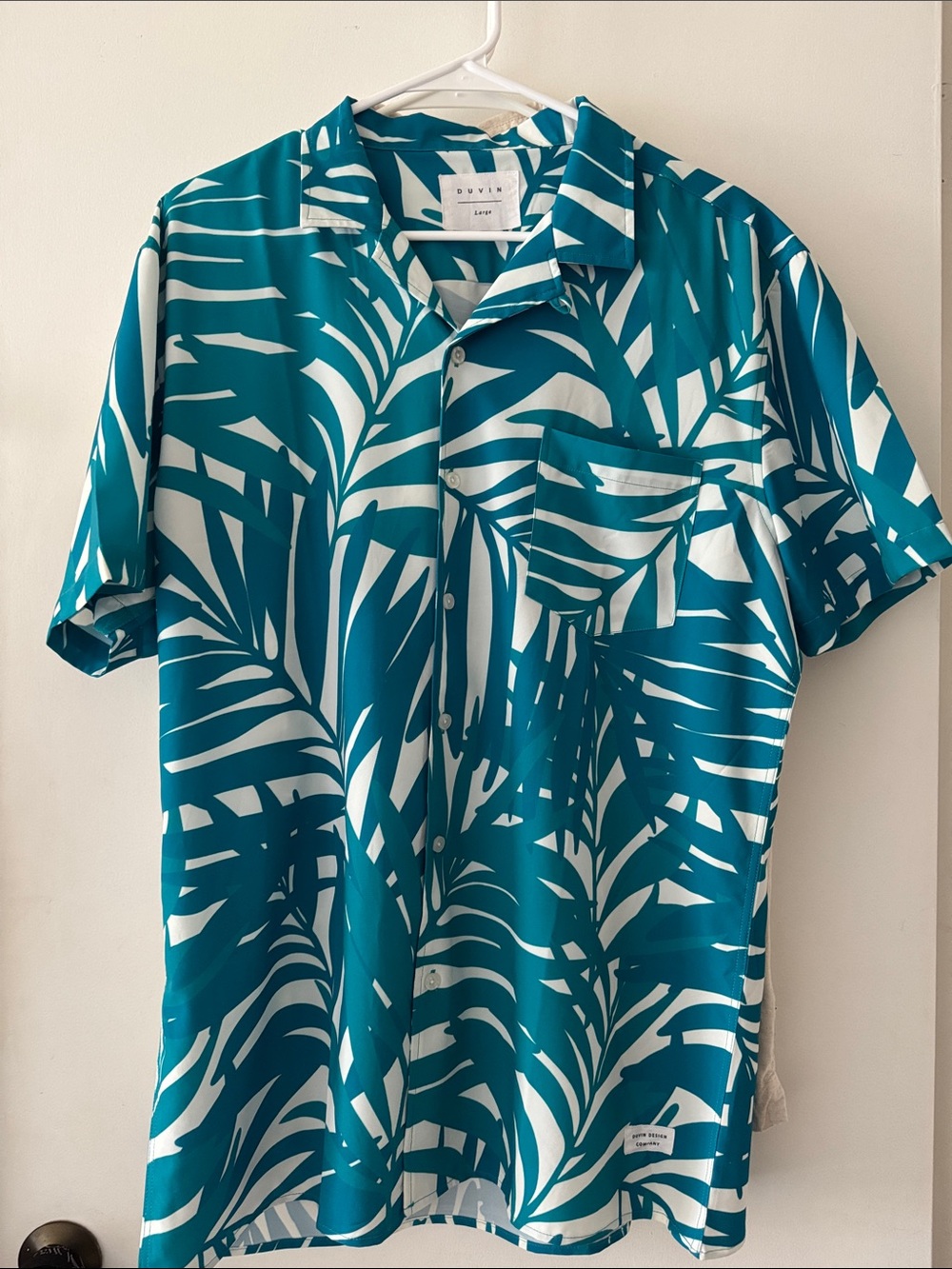 Duvin Teal & White Palm-Print Short-Sleeve Button-Down Shirt